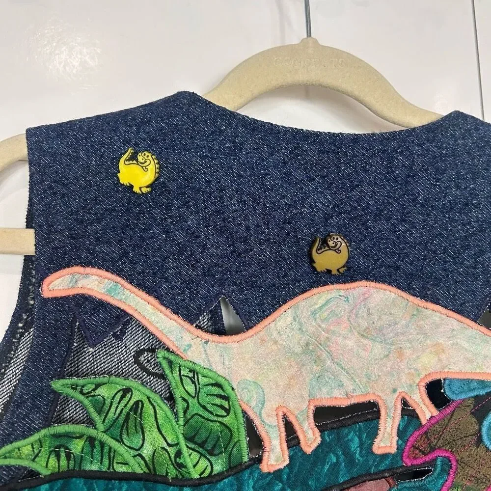 Vintage Handmade Dino Vest Kids Embroidered Blue western Applique Dinosaur Denim - Picture 3 of 10